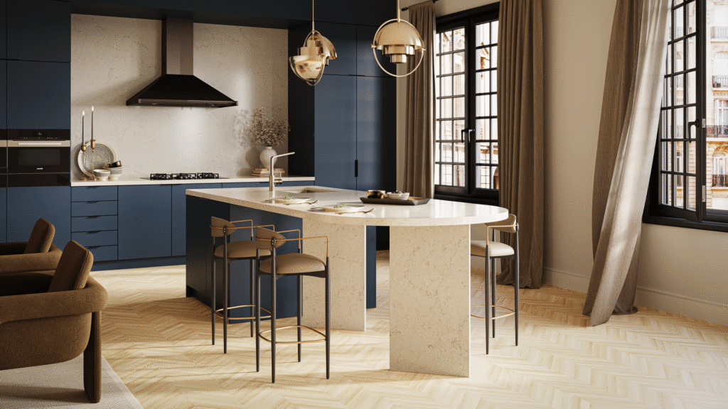 Caesarstone 5212 Taj Royale white surface in modern kitchen